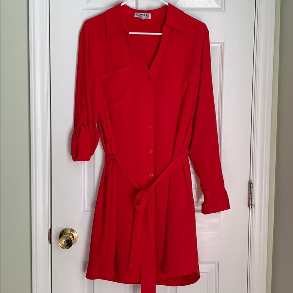 Red long sleeve shirt dress from Express